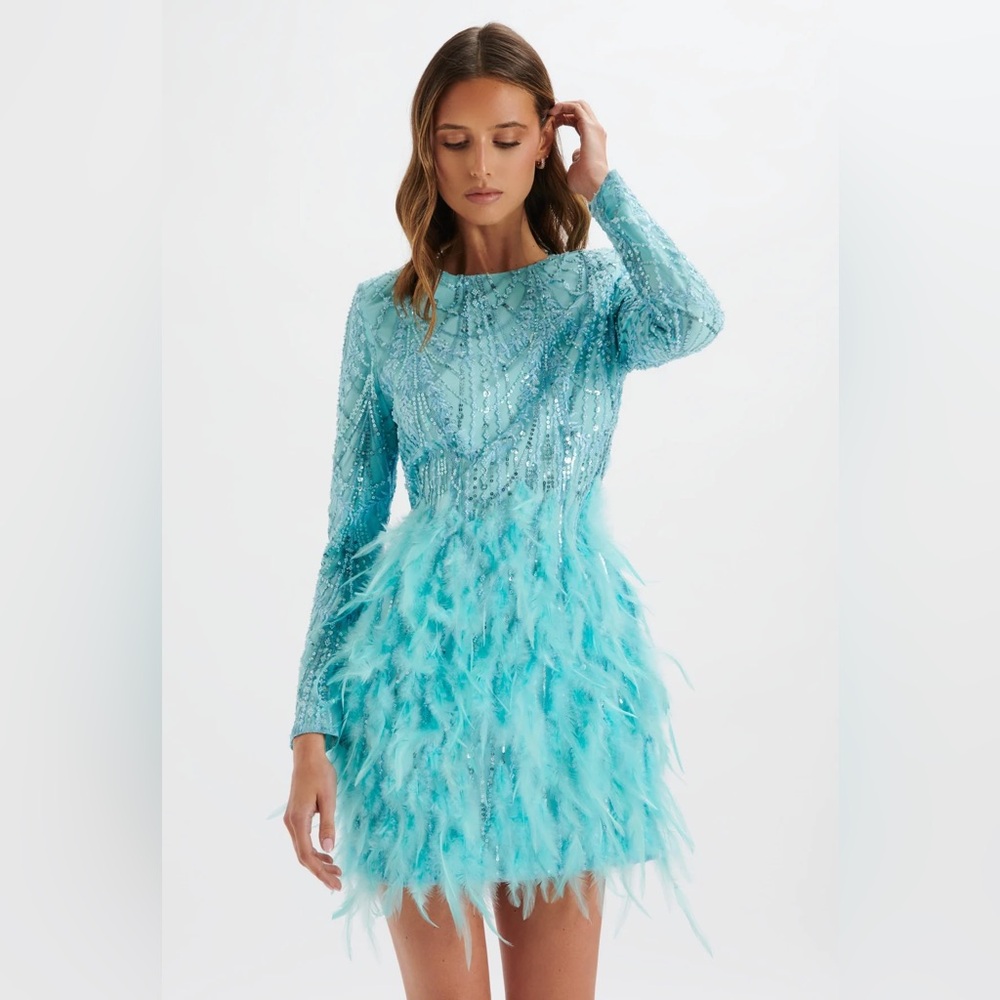 Lavish Alise -EMBELLISHED FEATHER MINI DRESS IN BLUE M